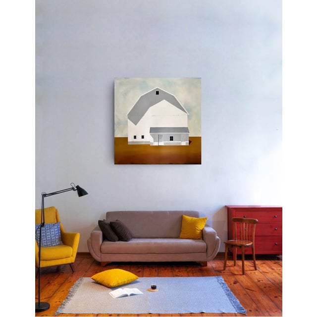 Textile Frontier by Justin Wheatley | Acrylic on Canvas White Barn on Ochre Ground For Sale - Image 7 of 9