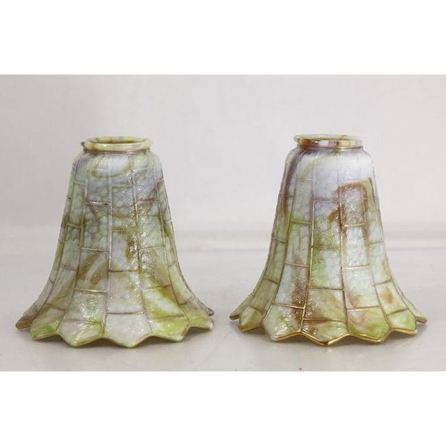 1910s Signed Oscar Bach Bronze 2-Light Table Lamp With Quality Art Glass Shades, Good Patina For Sale - Image 15 of 15