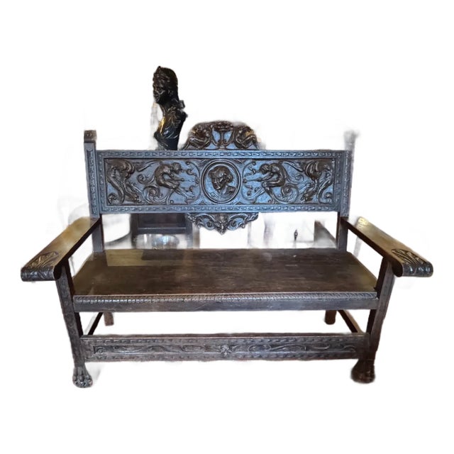 Antique Italian Renaissance Revival Carved Wood Bench With Figural Motifs & Paw Feet For Sale