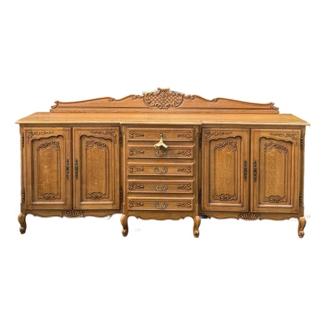 Vintage French Louis XV Tiger Oak Carved Sideboard For Sale