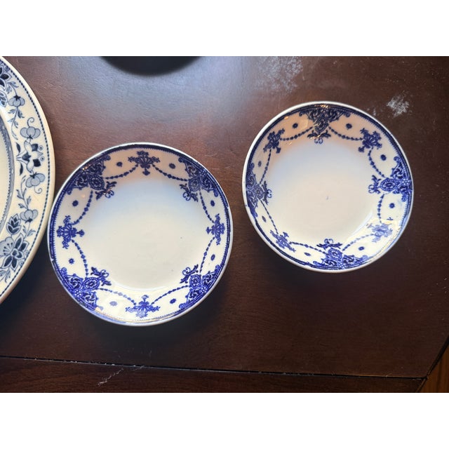 Vintage Blue & White Transferware Set - 7 Pieces - Mismatched Chinoiserie Plates & Teapot For Sale - Image 4 of 12