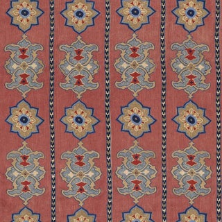 Schumacher Temara Embroidered Print Fabric in Pomegranate For Sale