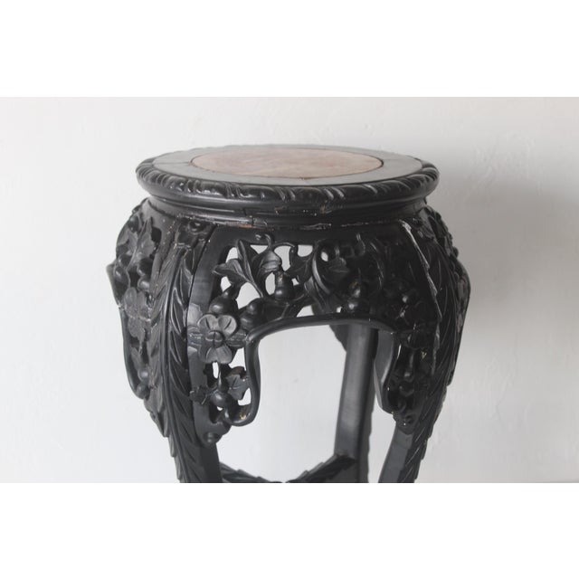 Asian Carved Rosewood Style Wood Stool Plant Stand With Inset Marble Top Vintage Mid-Century For Sale - Image 12 of 17