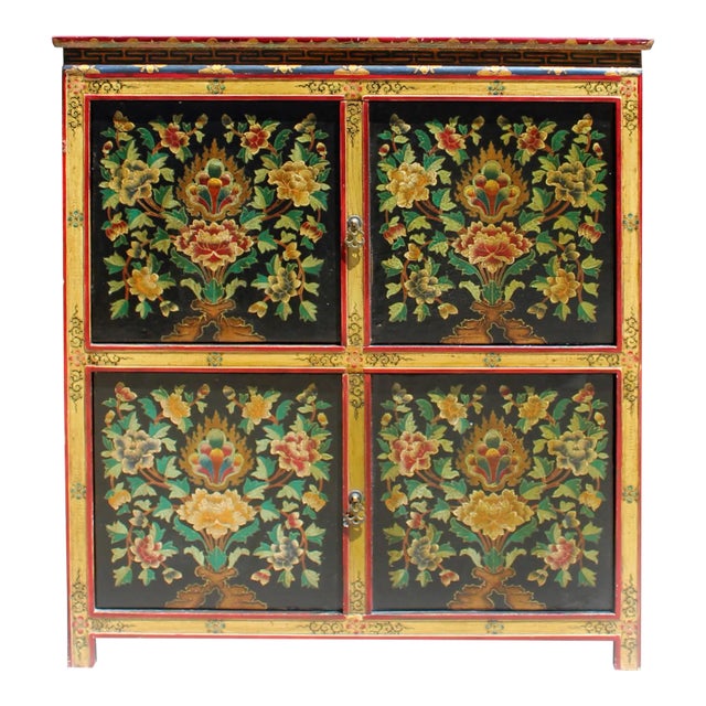 Chinese Tibetan Treasure Color Flower Graphic Storage Cabinet For Sale