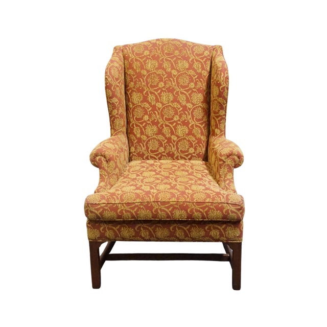 Traditional Henredon Furniture Traditional Gold & Terracotta Scrolling Demask Upholstered Accent Wingback Arm Chair For Sale - Image 3 of 10
