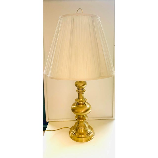Vintage Solid Brass Table Lamp Finial 32”. Top Brass 19”. Base 7” Dia. Shade 13”h, 9” Top, 17” Bottom, Makers mark reads"...