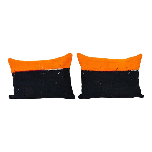 Orange and Black Turkish Kilim Pillow Covers - A Pair For Sale