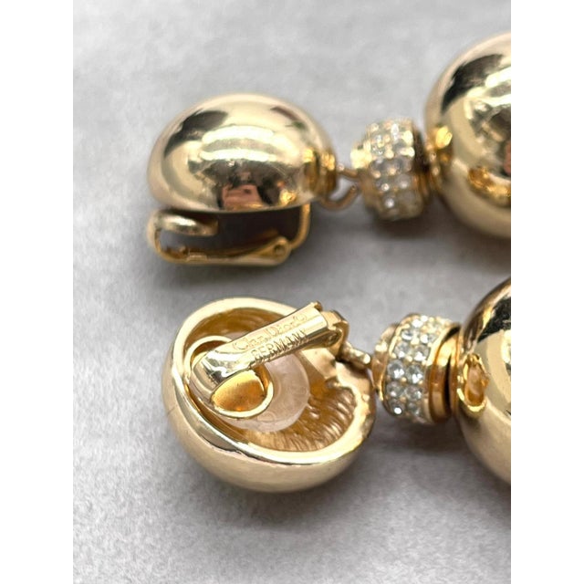 Glass Vintage Double-Ball Ear Clips in Gold & Crystals from Christian Dior, 1980s, Set of 2 For Sale - Image 7 of 13