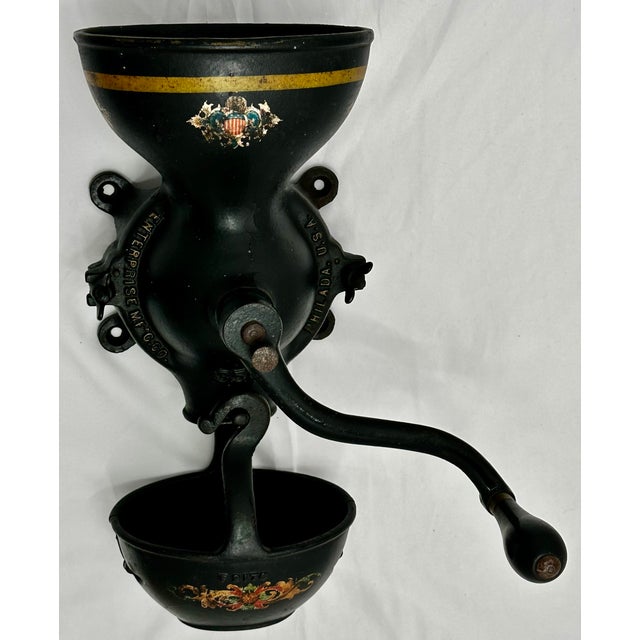 American Rare Large Size Antique Enterprise #350 American Cast Iron Wall Mount Hand Crank Coffee Grinder For Sale - Image 3 of 18