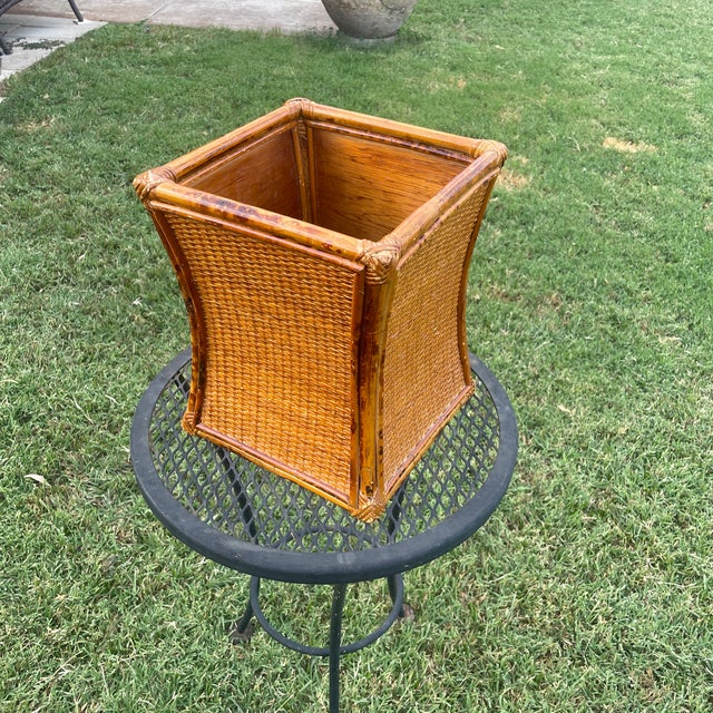 French Vintage Curved Rattan Bamboo Wastebasket For Sale - Image 3 of 8