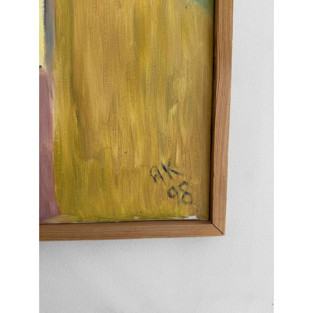 Anne Krog (20th Century), abstract depiction of a house, acrylic on canvas, signed lower right and tagged, dated 1998. A...