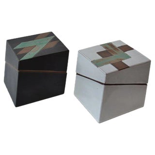Vintage Square Studio Pottery Boxes in Black and White and Geometric Pattern, Set of 2 For Sale
