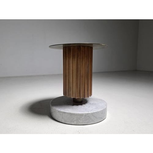 Italian Postmodern Brass, Teak, and Marble Pedestal Side Table, circa 1980s. A striking Italian postmodern side table...