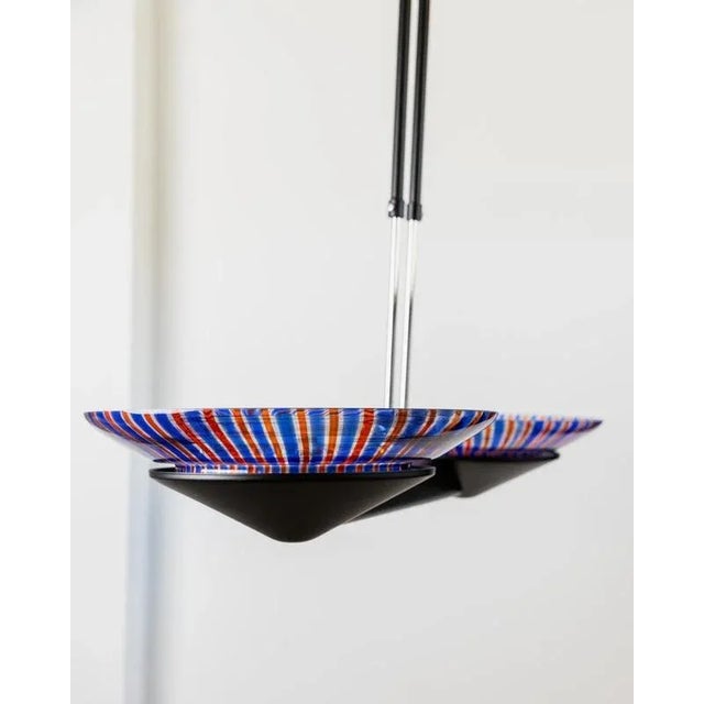 Black Vintage Murano Glass Pendant in Blue and Red Striped Glass, 1980s For Sale - Image 8 of 11
