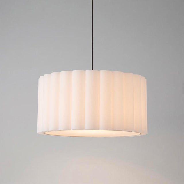 2020s Scallop Pendant Light - Modern Weathered Brass Steel, Drum White Linen Shade, 19"d X 11"h, Elv Dimmable For Sale - Image 5 of 7