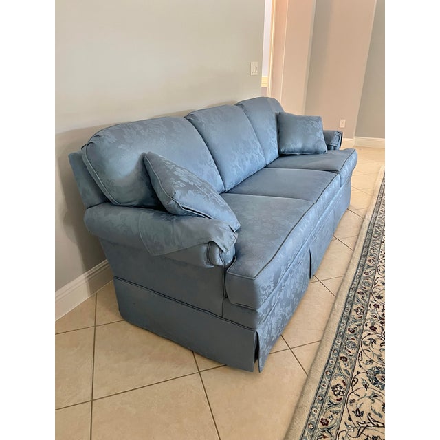 1990s Damask Blue Fabric Sofa With 2 Pilows For Sale - Image 4 of 5
