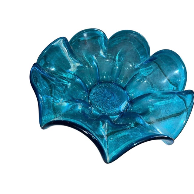 Large Beautiful turquoise blue MCM blown glass art glass tabletop decoration. Wavy open decorative bowl looks great as...