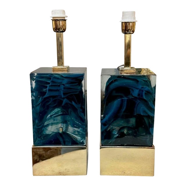 Pair of Modern Blue Murano Glass and Brass Lamps For Sale