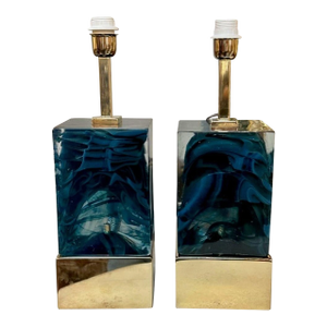 Pair of Modern Blue Murano Glass and Brass Lamps