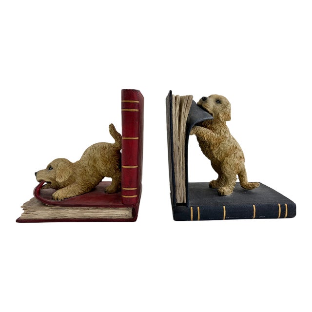 Vintage Golden Retriever Bookends – Heavy Resin Figural Dog Pair For Sale