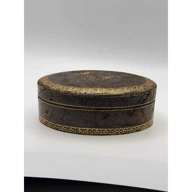 1970s Vintage Italian Florentine Tooled Leather Oval Box For Sale - Image 5 of 5