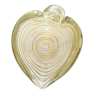 Vintage Murano Barovier Toso Gold Flecks White Swirl Italian Art Glass Heart Ashtray Dish Bowl For Sale