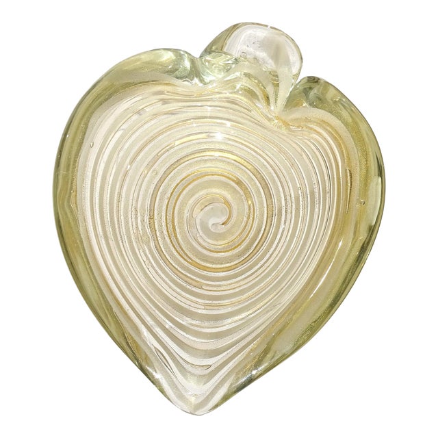 Vintage Murano Barovier Toso Gold Flecks White Swirl Italian Art Glass Heart Ashtray Dish Bowl For Sale