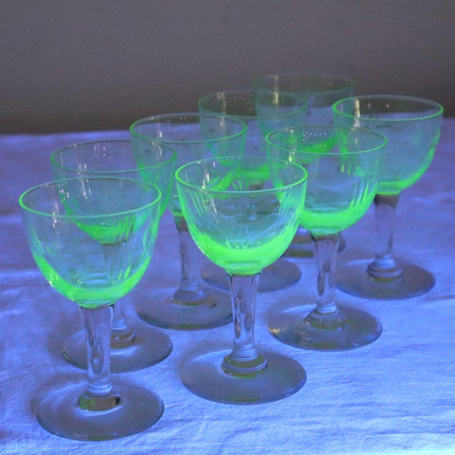A set of 8 aperitif or sherry glasses made from glass containing uranium oxide—which produces that characteristic...
