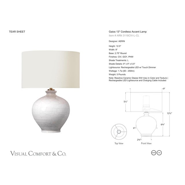 AERIN by Visual Comfort Signature Gaios 13" Cordless Accent Lamp in Crackled Ivory with Linen Shade Designer: AERIN...