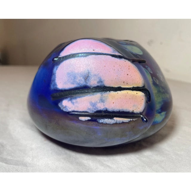 Unusual Hand Blown Iridescent Pearson Studio Art Glass Blue Vase Sculpture For Sale - Image 10 of 18