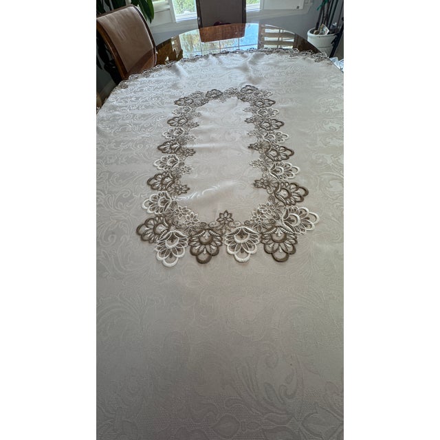Vintage LinenTablecloth, Embroidered Applique Lace, Cream and Taupe. On Ivory 18" X 55.5" Pristine For Sale - Image 11 of 17