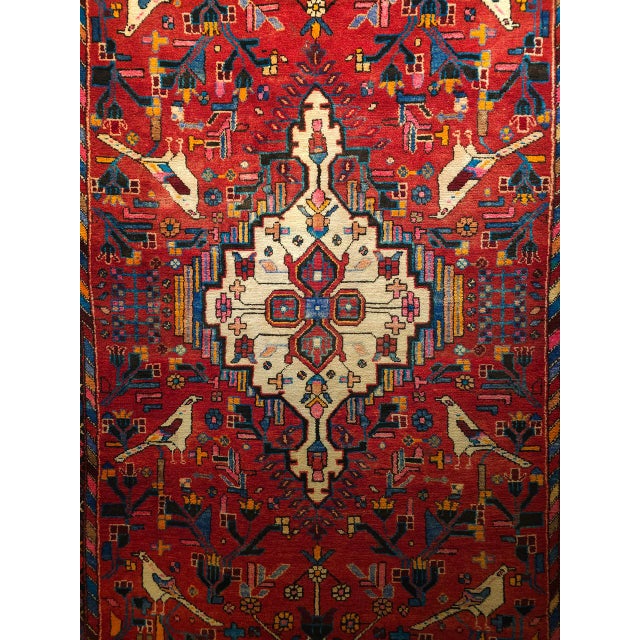 Vintage Persian Hamadan Gallery Area Rug, Hand-Knotted Wool, Tribal Bird Pattern, 6x10, Red & Navy For Sale - Image 14 of 18