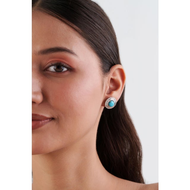 Not Yet Made - Made To Order 14k Gold 3.14ct Turquoise Cabochon & Diamond Double Halo Stud Earrings- A Pair For Sale - Image 5 of 15