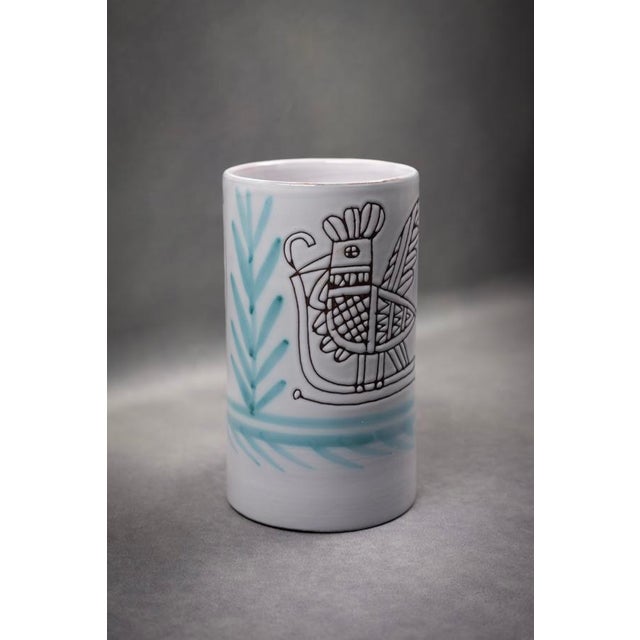 Cylindrical Vase in Glazed Earthenware with Stylized Rooster and Flower by Michel Barbier, Lully, Haute-Savoie, 1970-1986 For Sale - Image 10 of 10