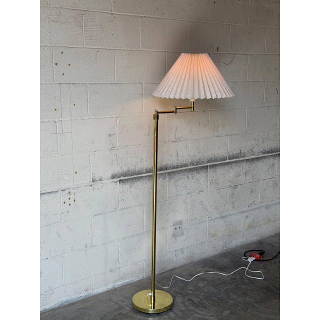 Brass Swing-Arm Floor Lamp With Pleated Shade Danish Mid-Century Modern 1960s For Sale - Image 11 of 11