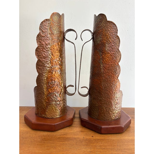 Mid 20th Century Hammered Copper Scalloped Candlestick Holders on Wood Base For Sale - Image 6 of 9