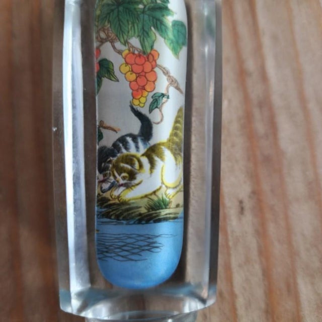 Vintage Chinese Inside-Painted Glass Snuff Bottle - Playful Cats & Flowers For Sale - Image 9 of 18