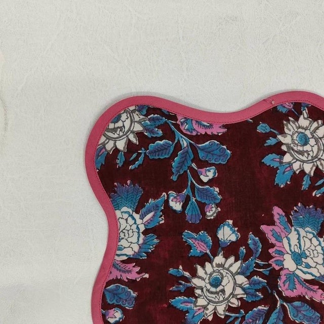 Not Yet Made - Made To Order Handmade Scalloped Napkins, Burgundy Botanical Napkins with Pink Piping - Set of 4 For Sale - Image 5 of 7