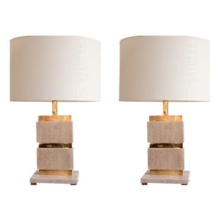 Vintage Italian Travertine and Brass Table Lamps, 1970s, Set of 2 For Sale