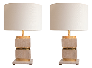 Vintage Italian Travertine and Brass Table Lamps, 1970s, Set of 2