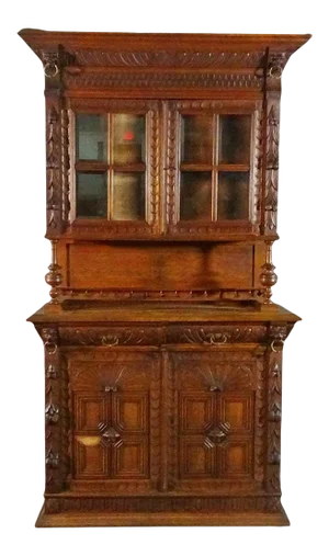 Narrow French Brittany Lion Carved Oak Court Cupboard China Cabinet Vitrine