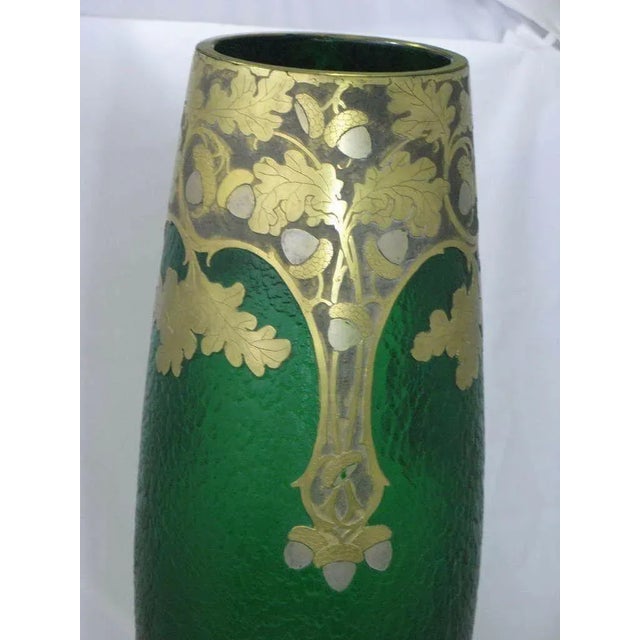 Verrerie Legras 1890 Art Nouveau Grand Exhibition Magnificent Green Glass & Etched Gold & Silver Vase by Master f.t. Legras,Saint-Denis 20” Ht For Sale - Image 4 of 10