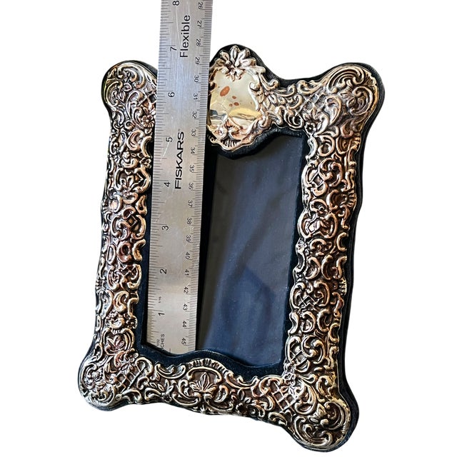 Silver 1970s Rococo Revival Silverplated Picture Frame With Floral Scrollwork and Crest Cartouche 8.5" X 6.5" for 4"x6" Image For Sale - Image 8 of 11
