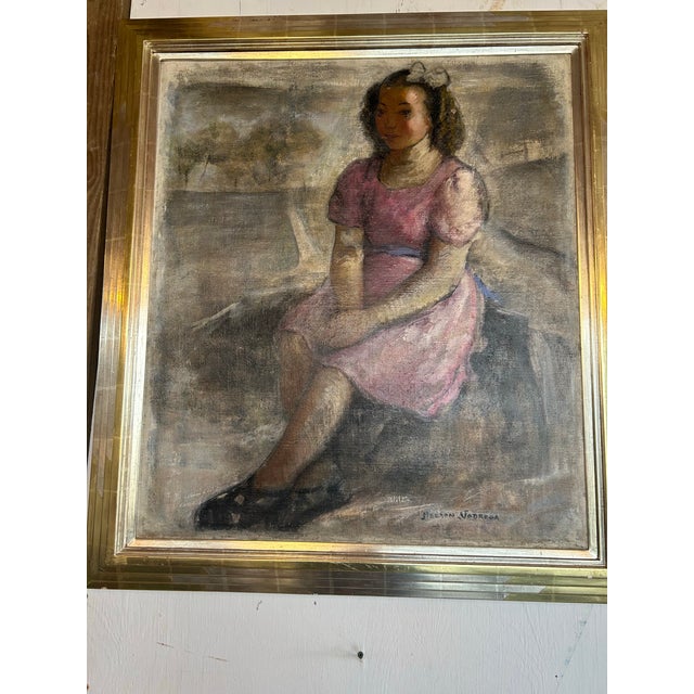 unique vintage artwork oil painting little girl by her self by neeson Jobrega beautiful piece