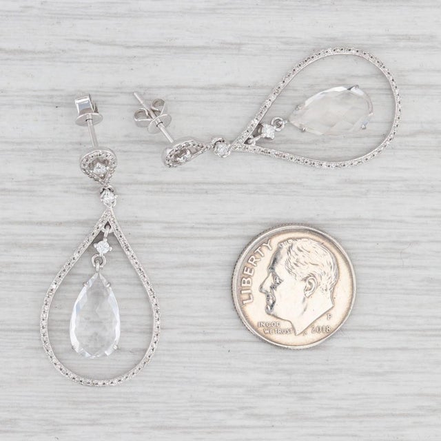 New Quartz & Diamond Halo Teardrop Earrings 14k White Gold Pierced Dangles, Pair For Sale - Image 4 of 4