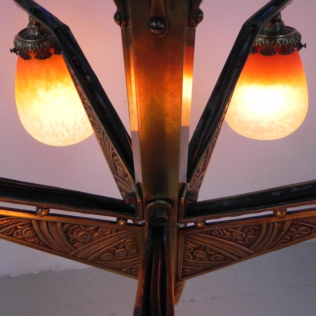Art Deco Brass Hanging Lamp with Pates De Verre Shades, 1930s For Sale - Image 12 of 18