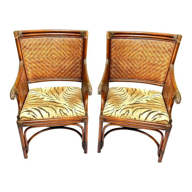 Vintage Bamboo & Rattan Arm Chairs – Pair of Wicker Dining or Accent Chairs With Upholstered Seats For Sale