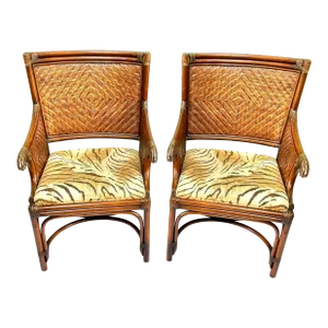 Vintage Bamboo & Rattan Arm Chairs – Pair of Wicker Dining or Accent Chairs With Upholstered Seats