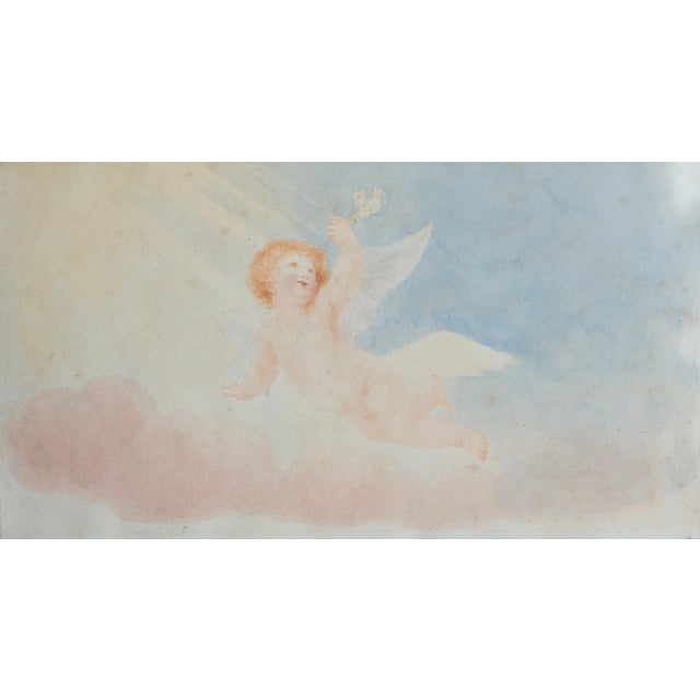 ANTIQUE ORIGINAL WATERCOLOUR PAINTING DEPICTING PUTTI A soft and sensitive watercolour depicting a cherub/putti flying in...