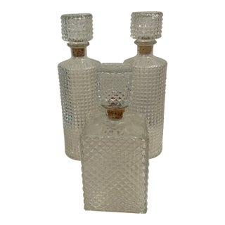 Vintage Mid Century Modern Collection of 3 Diamond Point Glass Liquor Decanters For Sale